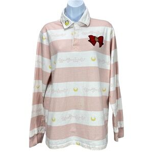 Sailor Moon Size M Pink White Striped Red Bow Long Sleeve Polo Shirt